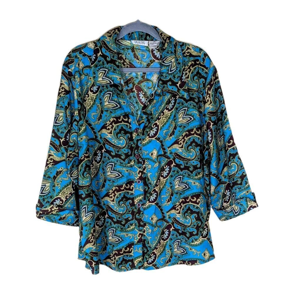Selene Sport Blouse Women’s 2X Paisley Button Front Top Blue Teal Boho Print